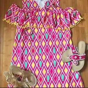 Tracy Negoshian Off Open Shoulder Pink Pom Pom Dress M